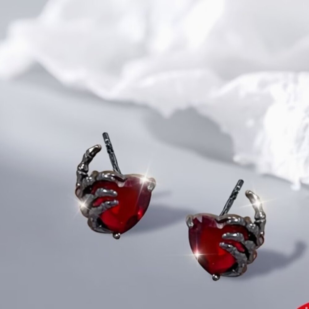 NEW - Pair of Gothic heart earrings, Dark Skull red heart earrings, Punk jewelry